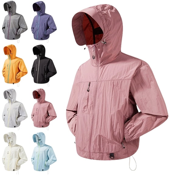 Zivyakyro Long Sleeve Rain Jacket Men Lightweight Windbreaker Zip up Sport Loose Jacket Plain Hooded Sun Protection Blue M