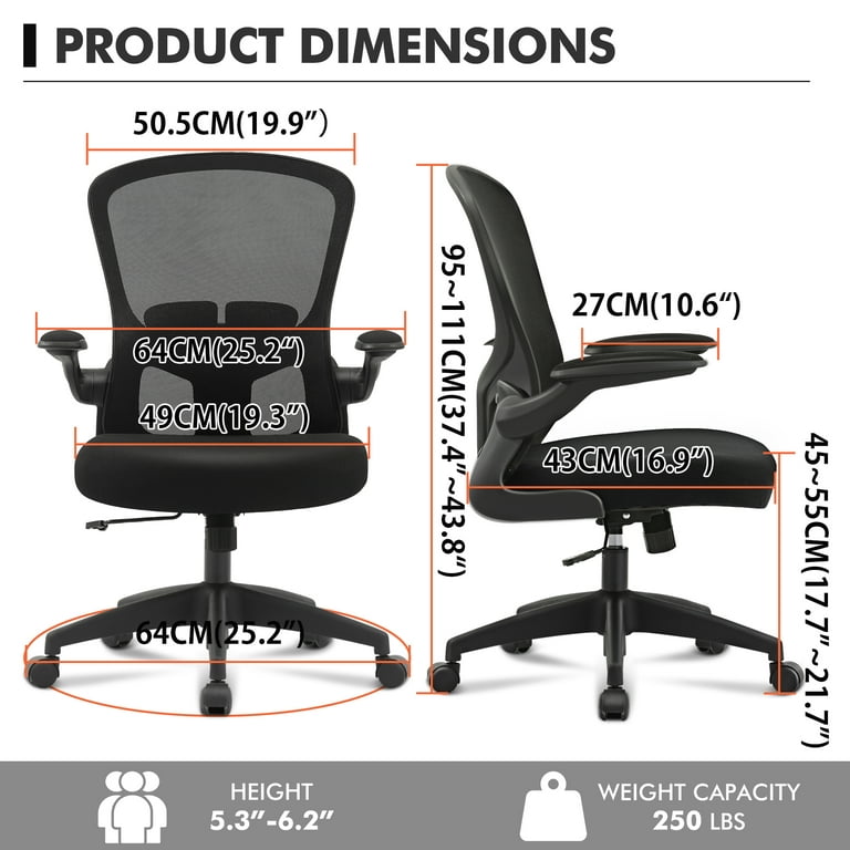 Coolhut Ergonomic Office Chair, Comfort Desk Chair with Adjustable Lumbar Support and Flip Up Arms, 300lb, Black