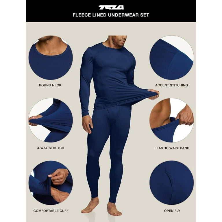 TSLA Men's Thermal Underwear Set, Microfiber Soft Fleece Lined Long Johns,  Winter Warm Base Layer Top & Bottom, Soft Micro Fleece Fly-front Black