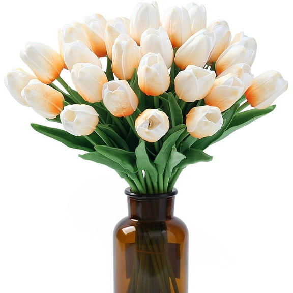 Tulips Fake Artificial Flowers Real Touch " Silk Flower for Home Decor Mother's Day Spring Wedding Bouquet Decorations Floral Arrangements(Light Champagne)