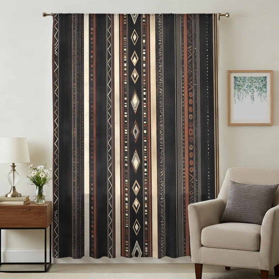 Black Beige Boho Sheer Curtains 96 Inches Long, Vintage Abstract Geometric Ethnic Light Filering Curtains, Privacy Drapes Simi Floor to Veiling Curtain for Living Room Bedroom Large Window Treatment