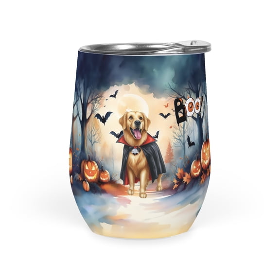 Happy Halloween Vampire Golden Retriever BOO with Pumpkins Fun and Spooky 12oz Stainless Steel Wine Tumbler Insulated Cup with Lid Goldens Dog Lover Gifts Idea - 00018