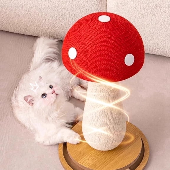 Fairela 20.9" Mushroom Cat Scratching Post with Spinning Wood Base & Interactive Balls,Natural Sisal Rope Scratcher