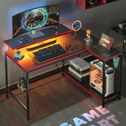 Pinmoco 42 Reversible L-Shaped Gaming Desk with Monitor Stand, LED Lights& Headset Hooks, Home Office, Carbon Fiber Black
