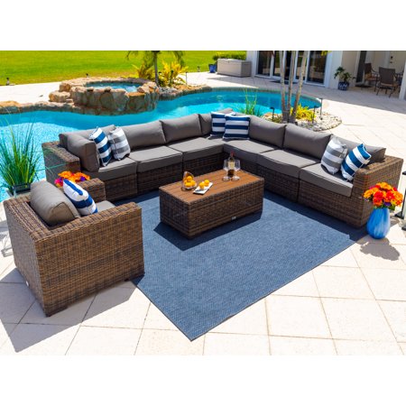 Tuscany 9-Piece Resin Wicker Outdoor Patio Furniture Sectional Sofa Set with Seven Modular Sectional Seats  Armchair  and Coffee Table (Half-Round Brown Wicker  Sunbrella Canvas Charcoal)