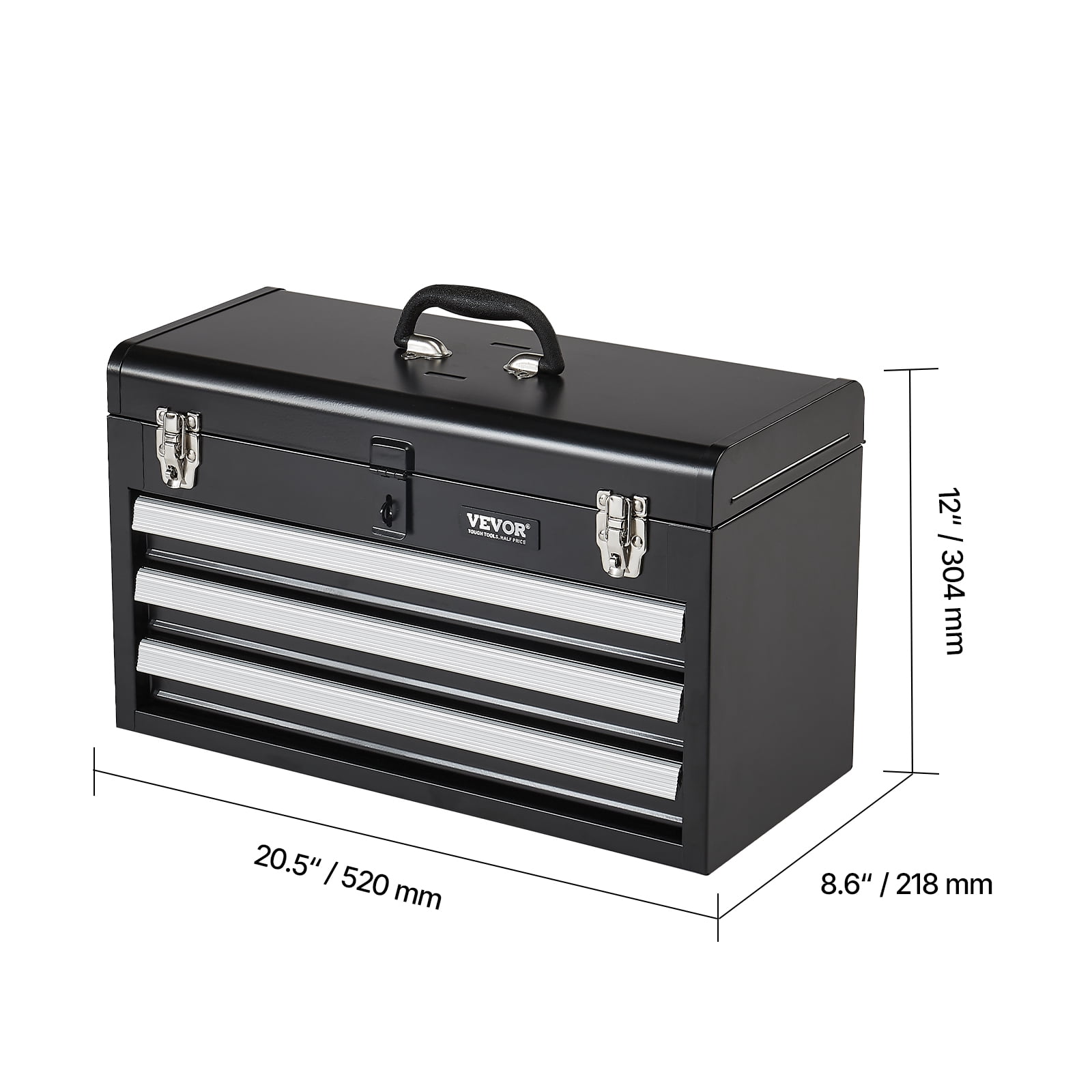 VEVOR Metal Tool Box, 20.5-inch, Portable Metal Tool Box with 3 Drawers, Small Tool Chest with EVA Liners, Ball Bearing Slide Drawers Locking & Powder Coated Finish, Multi-Function Tool Organizer