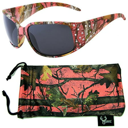 Hornz Pink Camouflage Polarized Sunglasses Country Girl Style Rhinestone Accents & Free Matching Microfiber Pouch - Pink Camo Frame - Smoke Lens