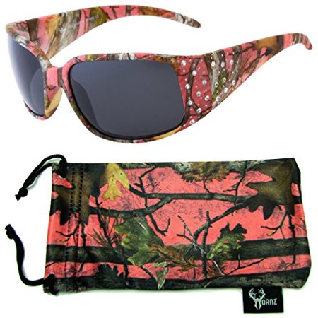 Rhinestone Kids Sunglasses - Hornz Pink Camouflage Polarized Sunglasses Country Girl Style Rhinestone Accents & Free Matching Microfiber Pouch - Pink Camo Frame - Smoke Lens