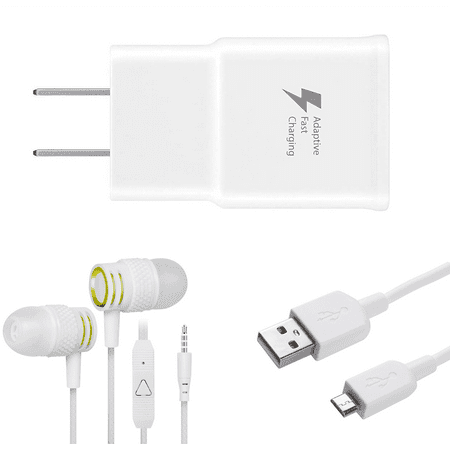 OEM EP-TA20JBEUGUS Inbox Replacement 15W Adaptive Fast Wall Charger for Nokia 5.1 Includes Fast Charging 6FT Micro USB Charging Cable, and 3.5mm Earphone with Mic – 3 Items Bundle - White