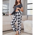 thumbnail image 4 of Conjunto de camisón informal para mujer, cuello en V, botones en la parte delantera, manga corta, cintura elástica, pantalones con cinturón de cuadros vichy, gris oscuro S, 4 of 8