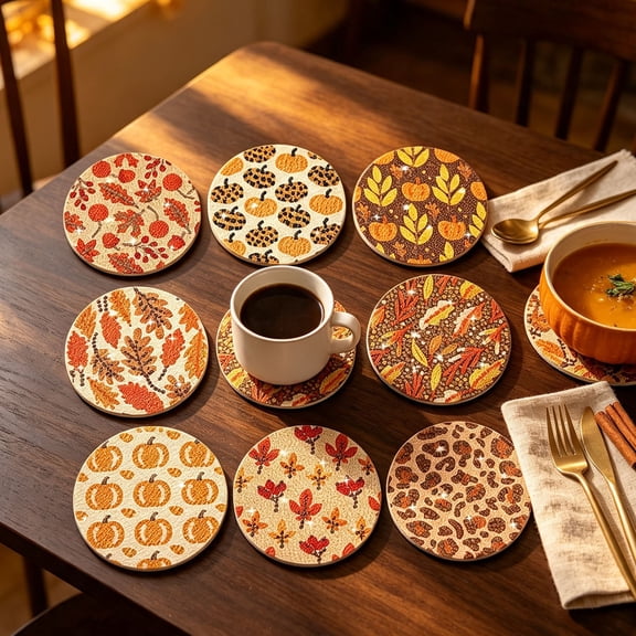 Fall Pumpkin Diamond Art Coasters, 8‑Pack 3.94 Inch DIY Diamond Art Kits for Adults with Storage Holder, Thanksgiving Harvest Crafts, Heat‑Resistant Cup Mats for Table Decor and Handmade Gifts