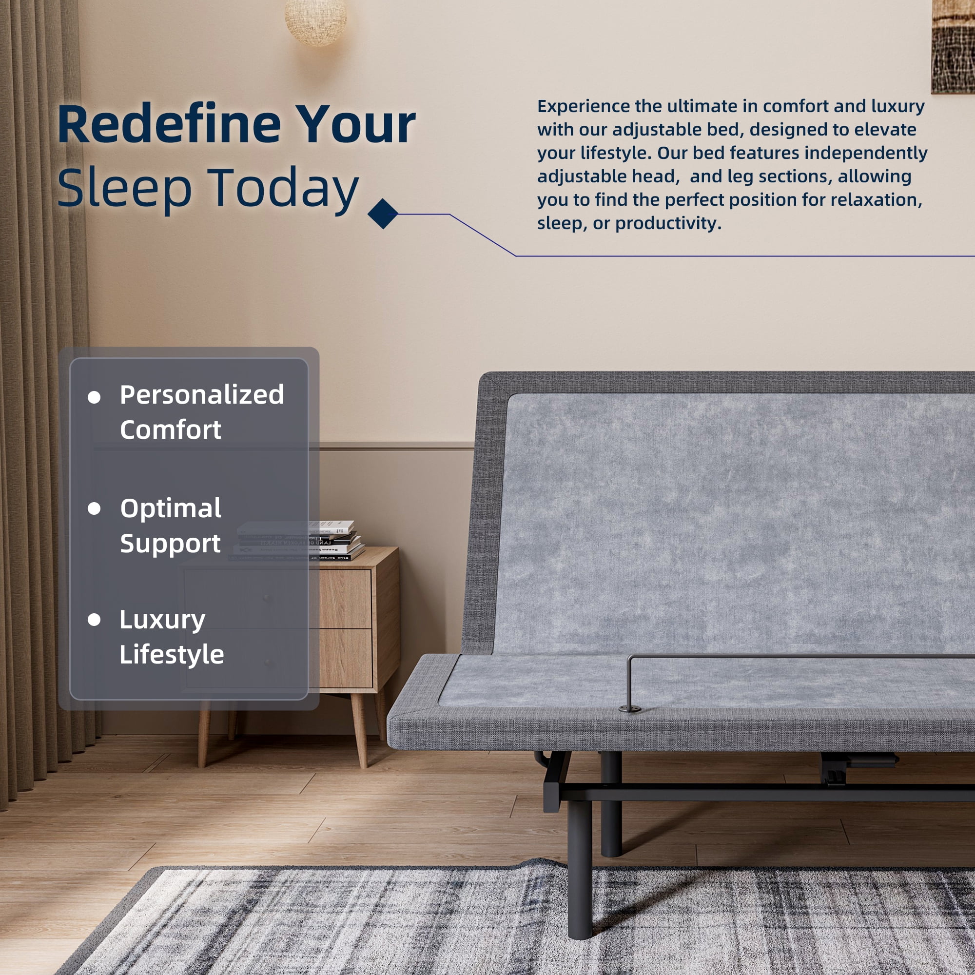 ESHINE Adjustable Bed Frame Twin XL, Upholstered Base with Massage, Wireless Remote, USB Ports, Under Bed Lighting, Grey, 3100 Series