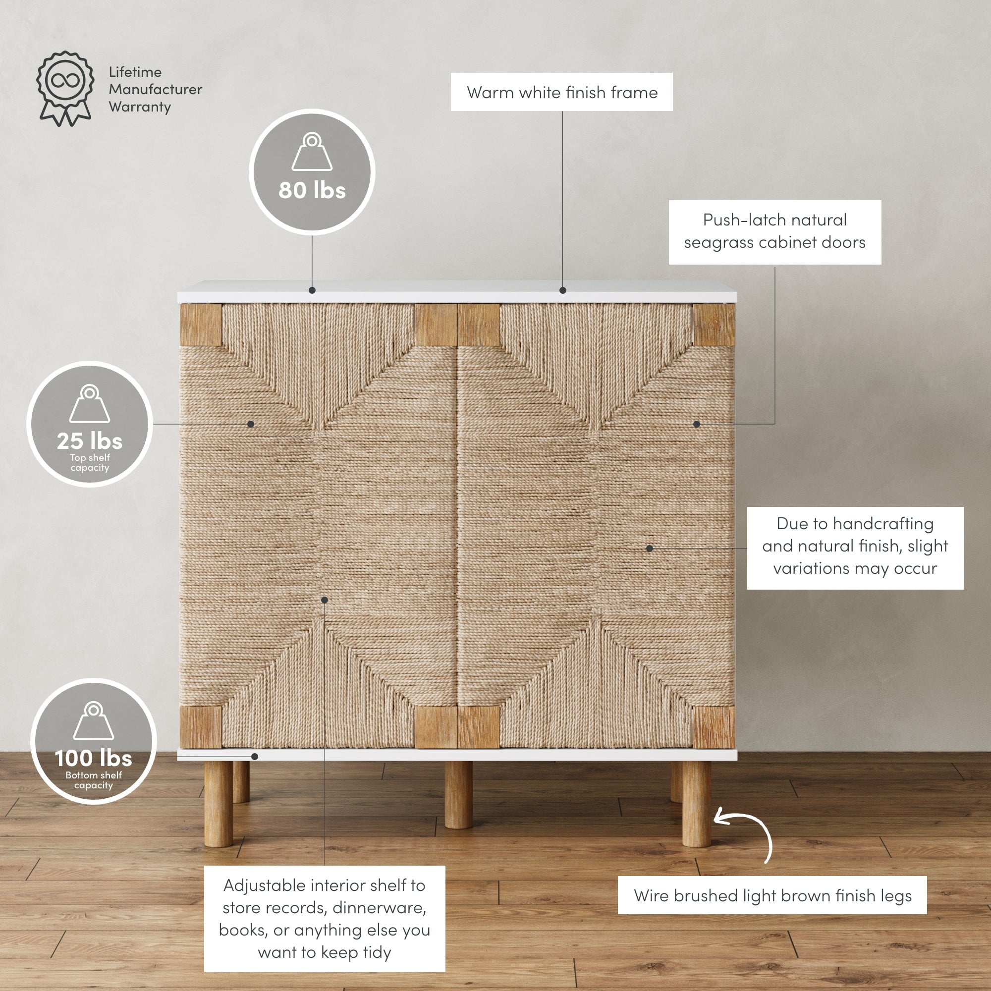 Nathan James Beacon Accent Natural Cabinet Sideboard, Storage Cabinet with Adjustable Interior Shelf and Seagrass Doors, for Hallway, Entryway or Dining Room, Light Brown/White