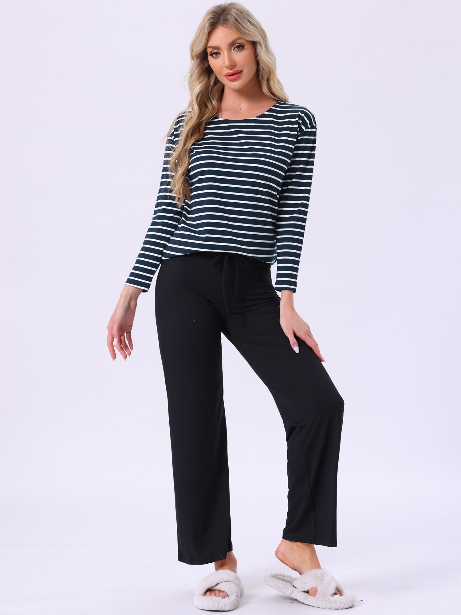DARING DIVA Pajama Striped Cotton Long Sleeve Crew Neck Sleep Shirts S Navy Striped