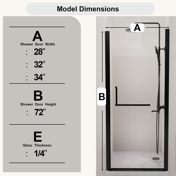 Glass Shower Door, 28" x 72" Semi-Frameless Pivot Shower Door, 1/4" Tempered Glass, Adjustable Width, Reversible Installation, Matte Black, Black Shower Door,Glass Sliding Shower Door