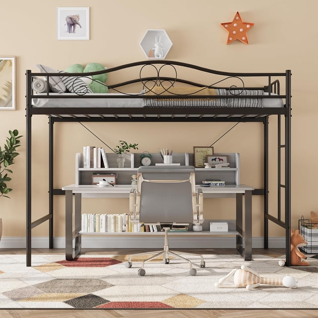 QinaQin Cama loft individual de metal con escalera y barandal de seguridad completo, estructura resistente de 400 lb, silenciosa y ahorradora de espacio