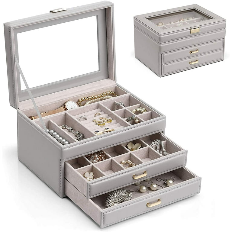 5-Layer Jewelry Organizer with 3-Side Drawers with Big Mirror, Cloud White  and Metallic Gold