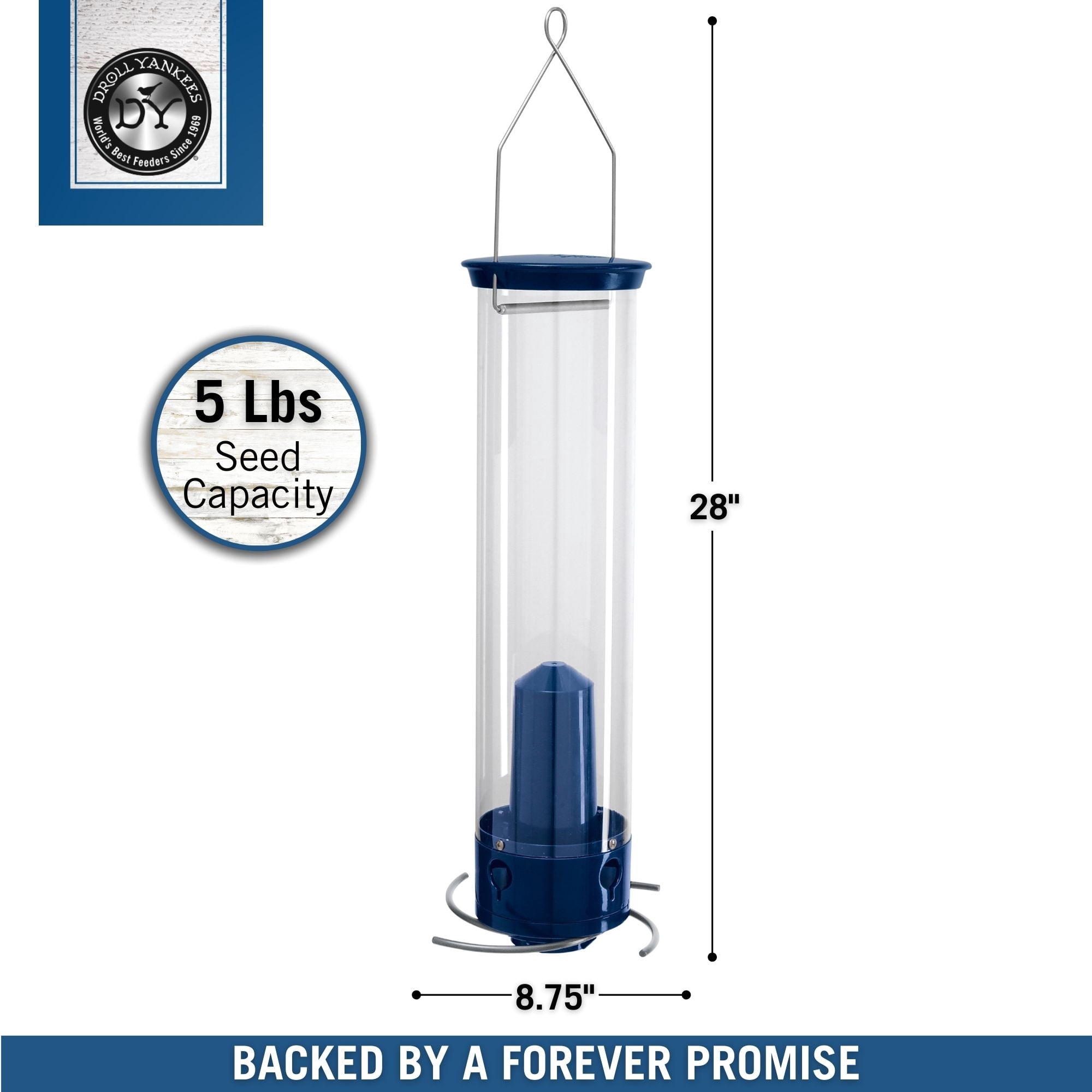 Droll Yankees Squirrel Proof Bird Feeders for Outdoors - Whipper, Collapsible Perches, 5-Pound Seed Capacity, Blue