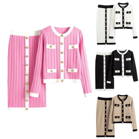 Women 2 Piece Elegant Knit Matching Skirt Set, Tweed Contrast Trim Long Sleeve Cropped Cardigan High Waist Straight Knit Midi Skirt Spring Fall office Commute Tracksuit Pink 4-8(Free Size)