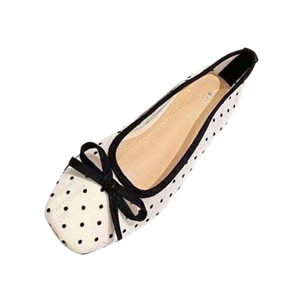 Wensltd Women Mesh Ballet Flats Square Toe Bow Slip On Flat Shoes Breathable Dot Mesh Upper Spring Summer Daily Walking Beige