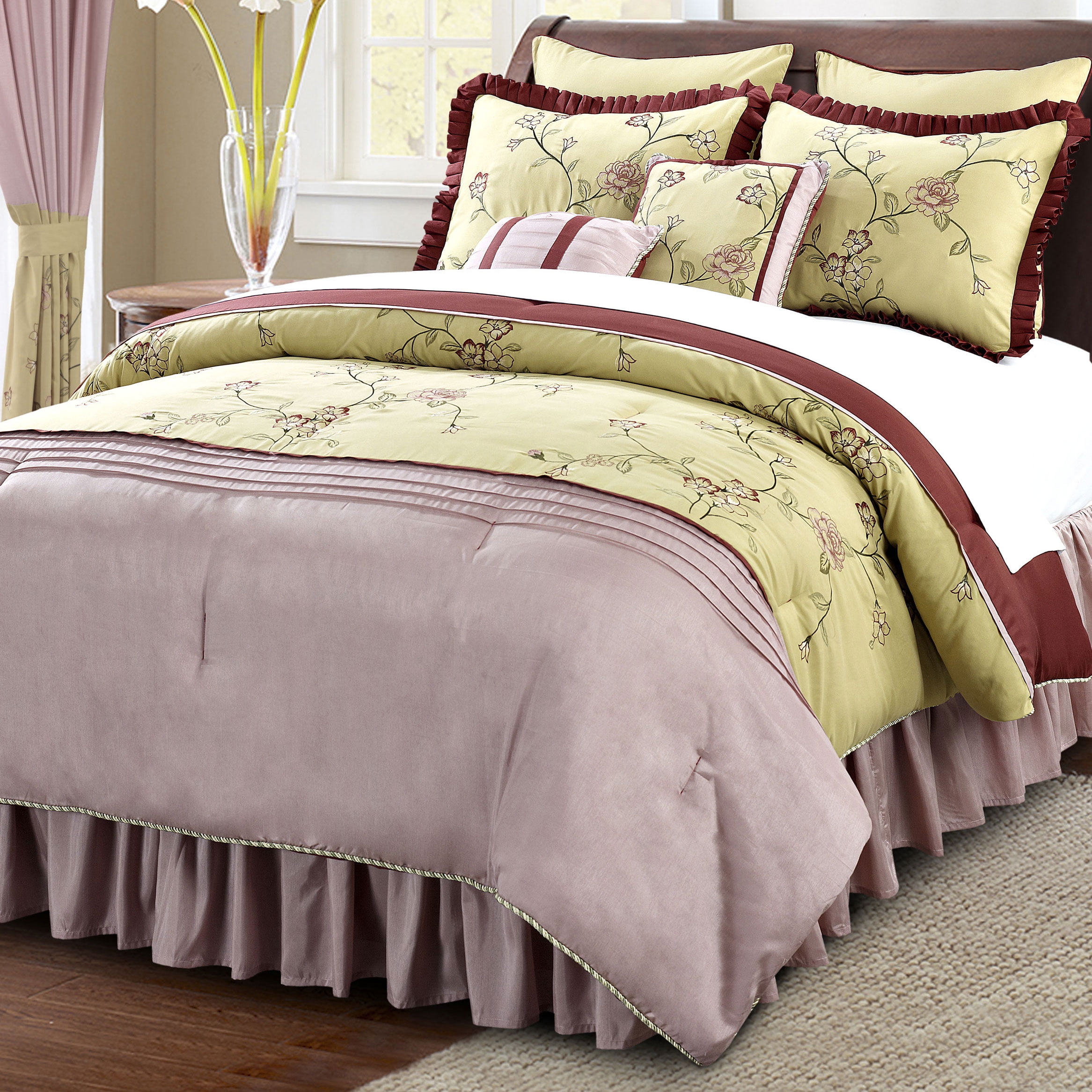 Serenta Terrace Embroidered Comforter Set, Green And Burgundy, Queen