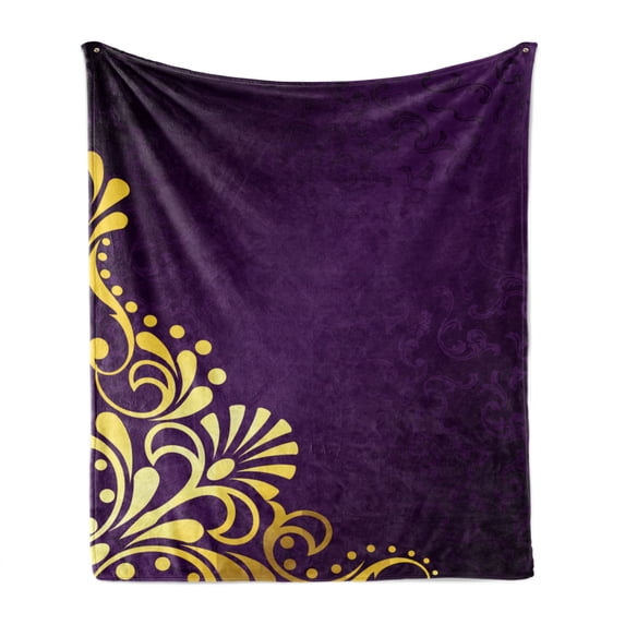 Yellow Damask Soft Flannel Fleece Throw Blanket, Curvy Yellow Stems Ornament on Silhouette Swirls and Branches, Cozy Plush for Indoor and Outdoor Use, 70" x 90", Dark Purple and Yellow, by Ambesonne