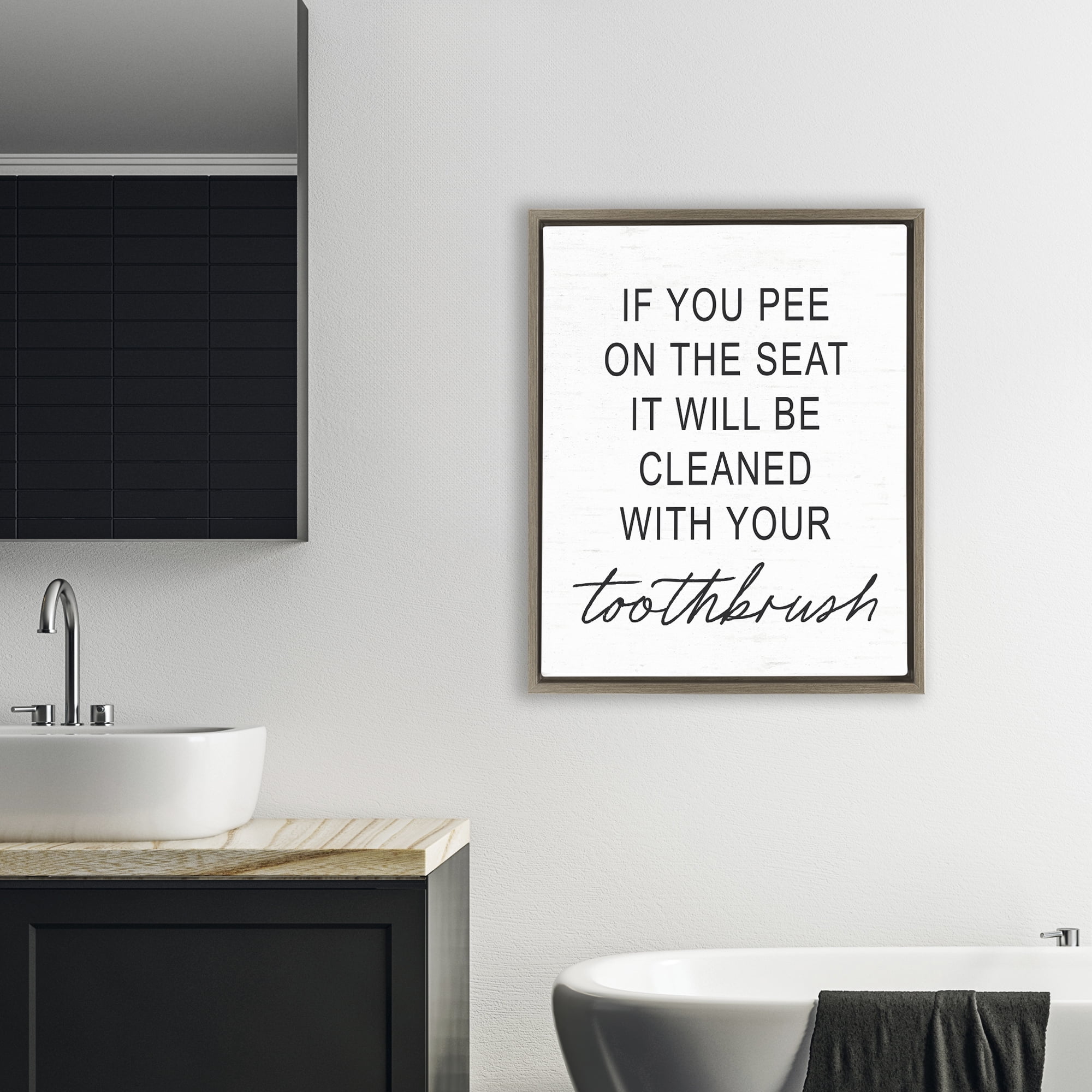 Sassy Clean With Toothbrush Warning Brown Framed Floater Canvas Wall Art, design by Lettered and Lined