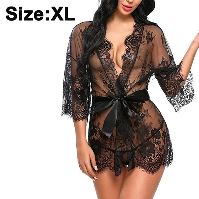 Lencería de mujer, vestido sexy tipo kimono de encaje, conjunto de lencería sexy de mangas anchas, ropa interior tipo negligé, bata transparente con cinturón de satén