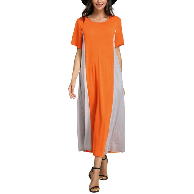 SUNNYME Femmes Casual Double Couleur Manches Courtes Colorblock Baggy Longue Maxi Robe
