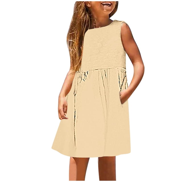 Huvoen Robe de Demoiselle d'Honneur Enfant Robe Petite Fille Quotidien Vacances Imprimé Sans Manches Décontractée Mignonne Douce Robes Beige 13 Ans