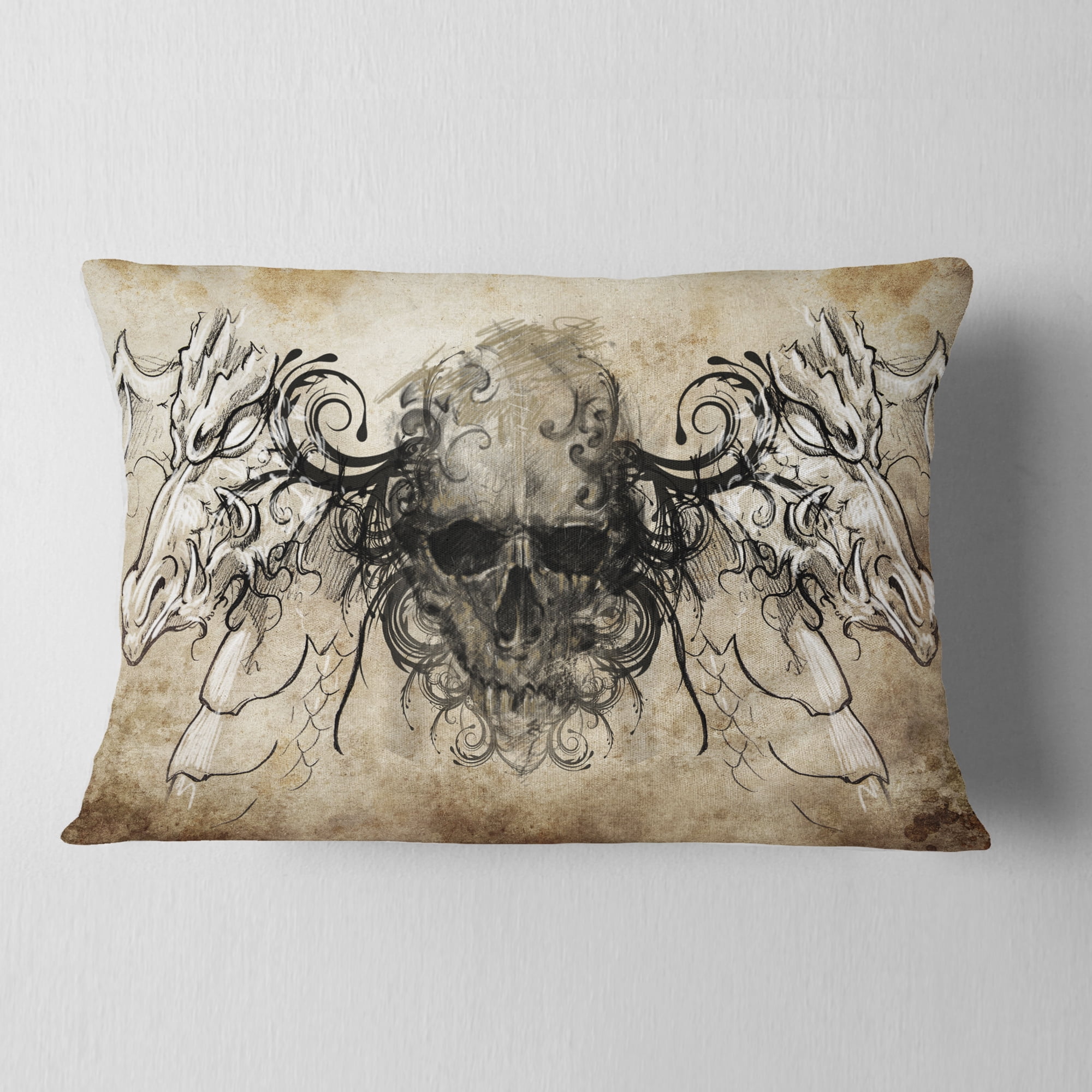 Designart Human Skull Tattoo Sketch - Abstract Throw Pillow - 12x20