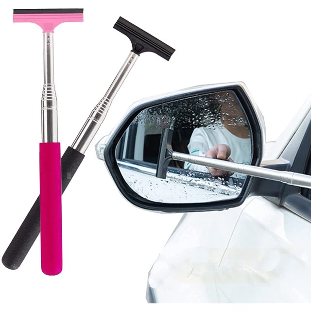 Retractable Rear-View Mirror Wiper Snow Brush and Ice Scraper - Car Glass Cleaner Tool, Rear View Mirror Squeegee, Quickly Wipe Water Removal Towel, Glass Mirror Cleaning Supplies (Set of 2)