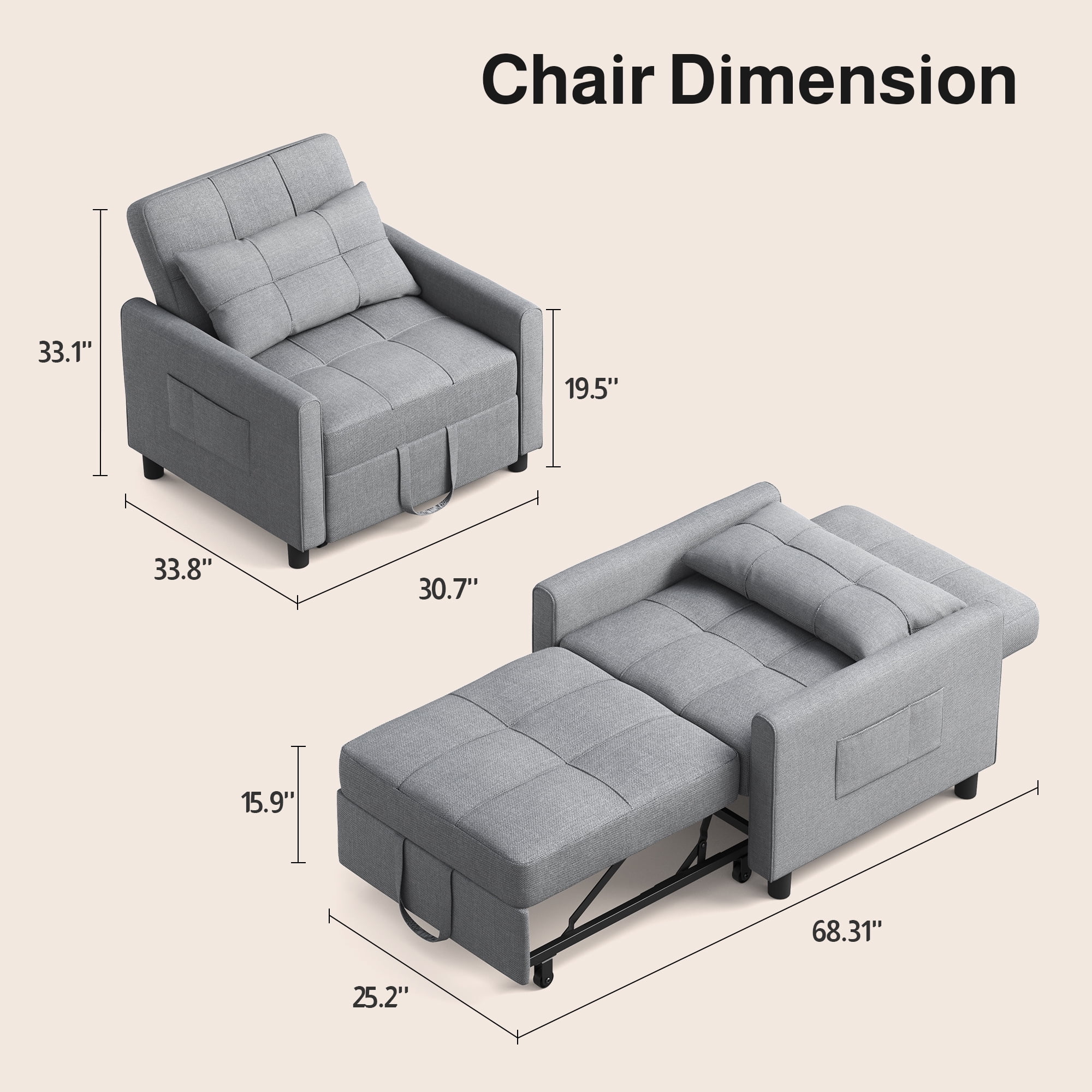 Lofka Convertible Sofa Chair Bed,3-in-1 Sleeper Sofa with Pull-Out Bed Clearance for Apartment| Bedroom, Grey