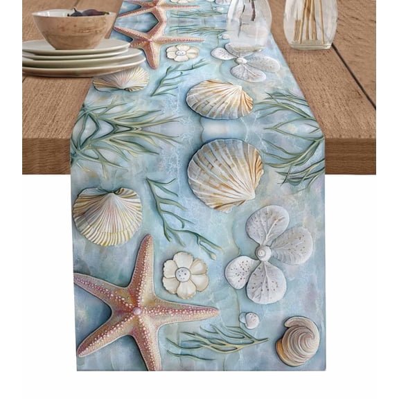 Coastal Starfish Table Runner 72 Inches, Summer Beach Nautical Shell Coral Bed Runner Dresser Scarves Tabletop for Indoor Outdoor Parties/Ceremony/Banquet, 14" x 72"