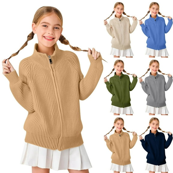 TBWNWG Girls Sweaters Classic Solid Color Zip Front Cardigan Sweater Jacket For Girls And Boys Comfortable Knit Outerwear