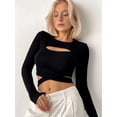thumbnail image 5 of Womens Cutout Tops Basic Long Sleeve Round Neck Slim Fit T-Shirts Black S, 5 of 9