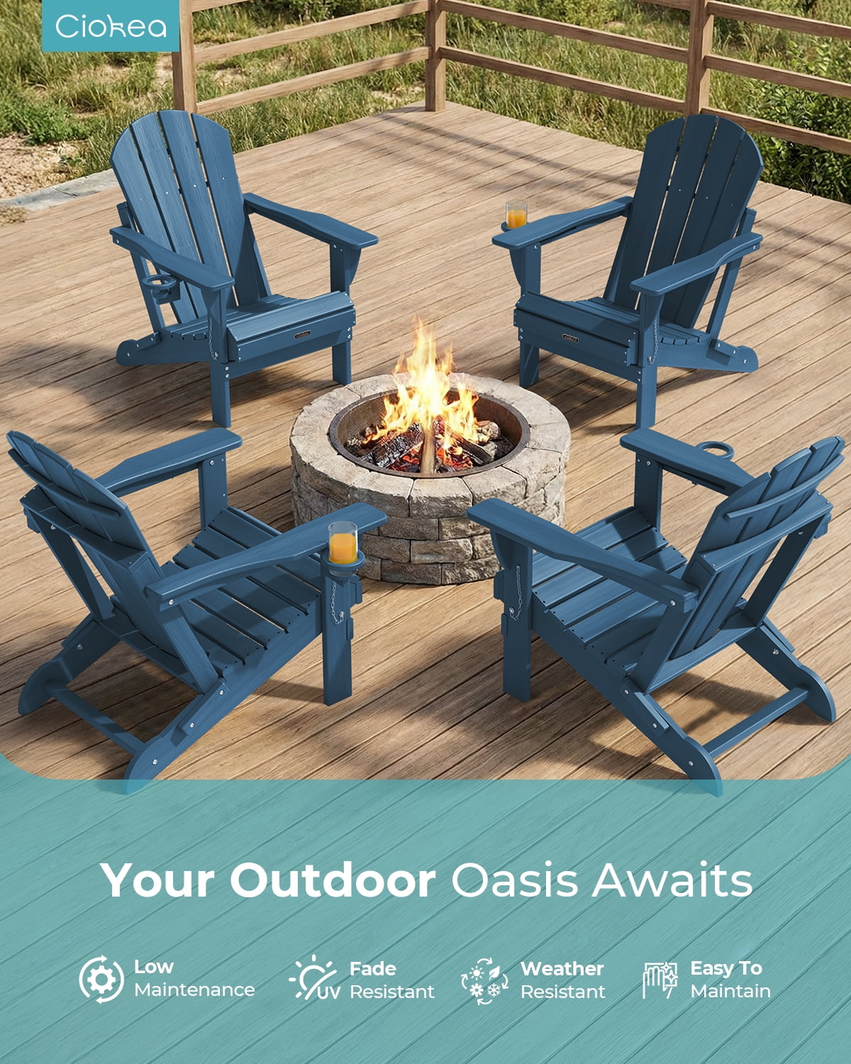 Folding Adirondack Chair, All-Weather HDPE Fire Pit Patio Chair, Navy