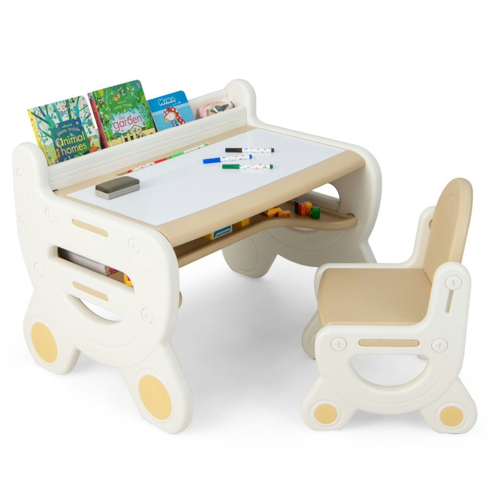 Resenkos Kids Drawing Table and Chair Set with Watercolor Pens and Blackboard Eraser-Brown, Small Folding Table for Arts & Crafts, Snack Time, Homeschooling, Homework