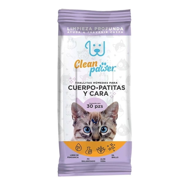 Toallitas Húmedas para Gato Clean Pawer Cuerpo, Patitas y Colita 30 Pzas