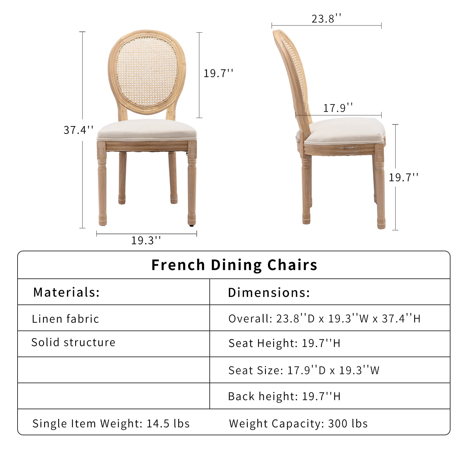 French Country Dining Chairs Set of 2, Cream Kitchen & Dining Room Chairs Set of 2, Ivory Rattan Dining Chairs, Cane Back, Wood Legs, Sillas De Comedor (Rattan, Beige, 2Pcs)