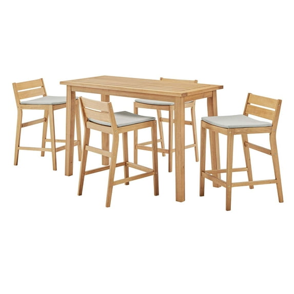 Bar Stool Chair and Table Set, Wood, Brown Natural Taupe Gray, Modern Contemporary Urban Design, Outdoor Patio Balcony Cafe Bistro Garden Furniture Hotel Hospitality