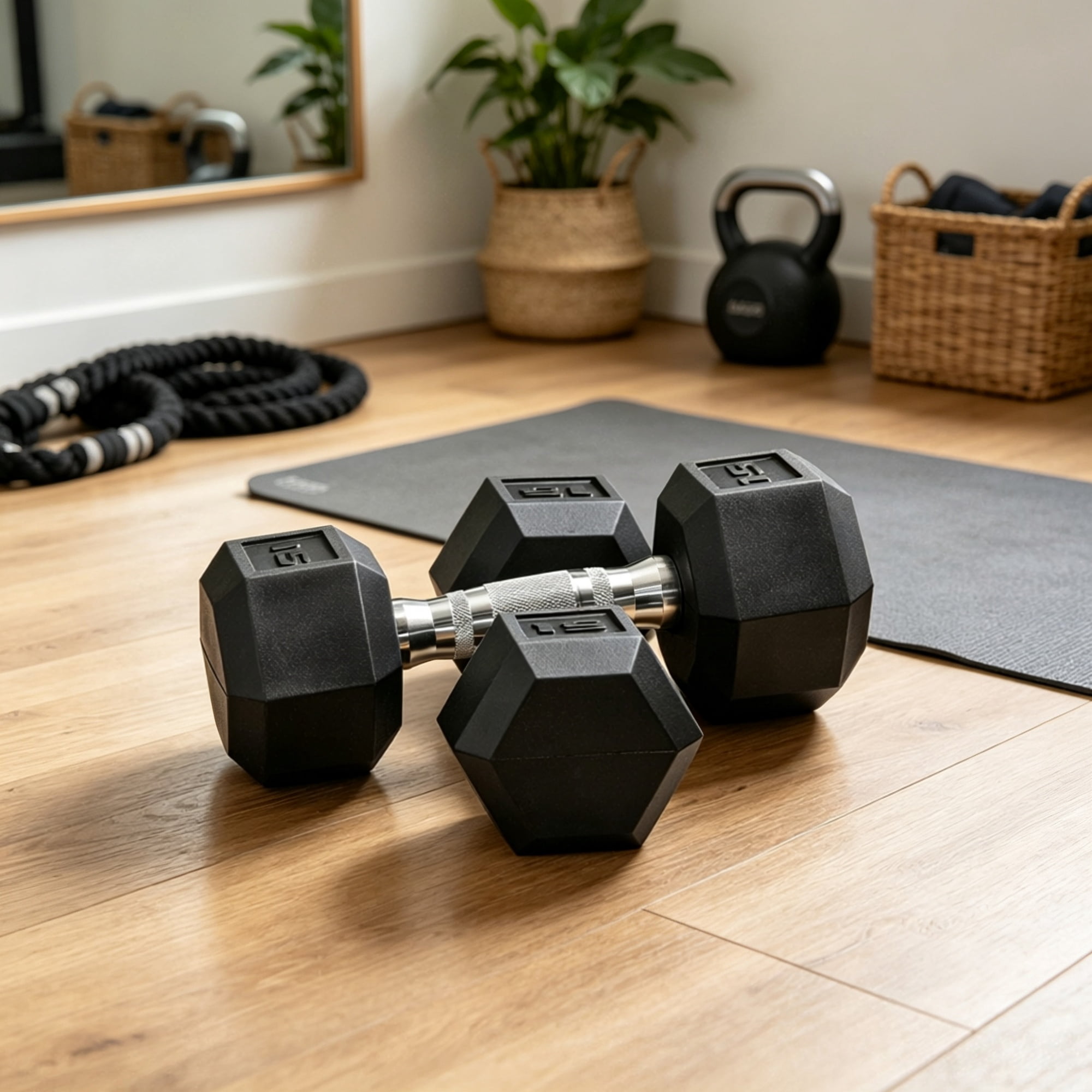 2 X 15lbs Hex Dumbbell Set for Home Gym Workout Rubber Weights with Non-Slip Handles Anti-Roll Fitness Exercise Dumbbells for Women And Men, Black