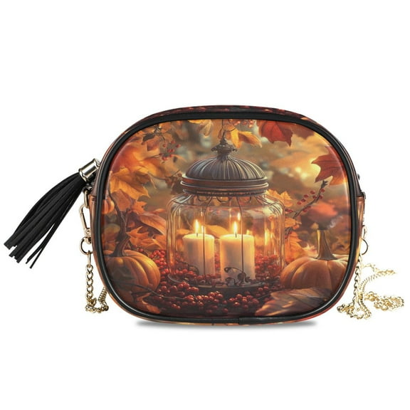 Womens Casual Chain Shoulder Bag Simple style Autumn Decor with Candles Pumpkins Crossbody Bag