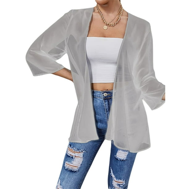 Faithtur Women s Sheer Chiffon Jacket Casual Cover Up Tops Beach Cardigans