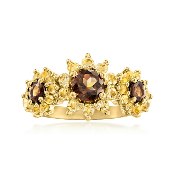Ross-Simons 0.70 ct. t.w. Yellow Citrine and .50 ct. t.w. Smoky Quartz Sunflower Ring in 18kt Gold Over Sterling, Women's, Adult