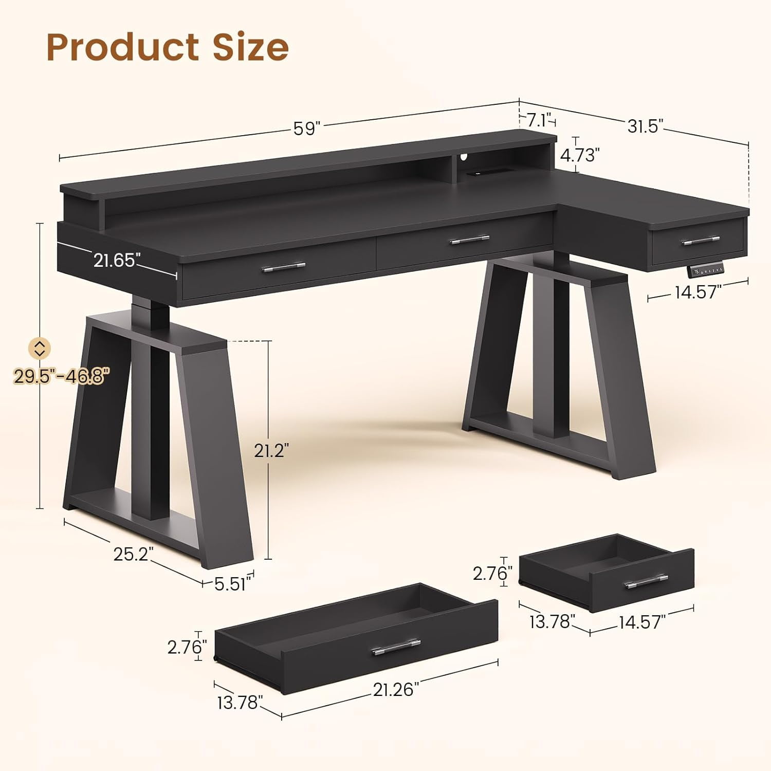 Modern Standing Desk with Drawers, Height Adjustable Computer Desk with Power Outlets, LED Lights & Monitor Stand, Stand Up Corner Gaming Desk, Home Office Desk with Storage, Black