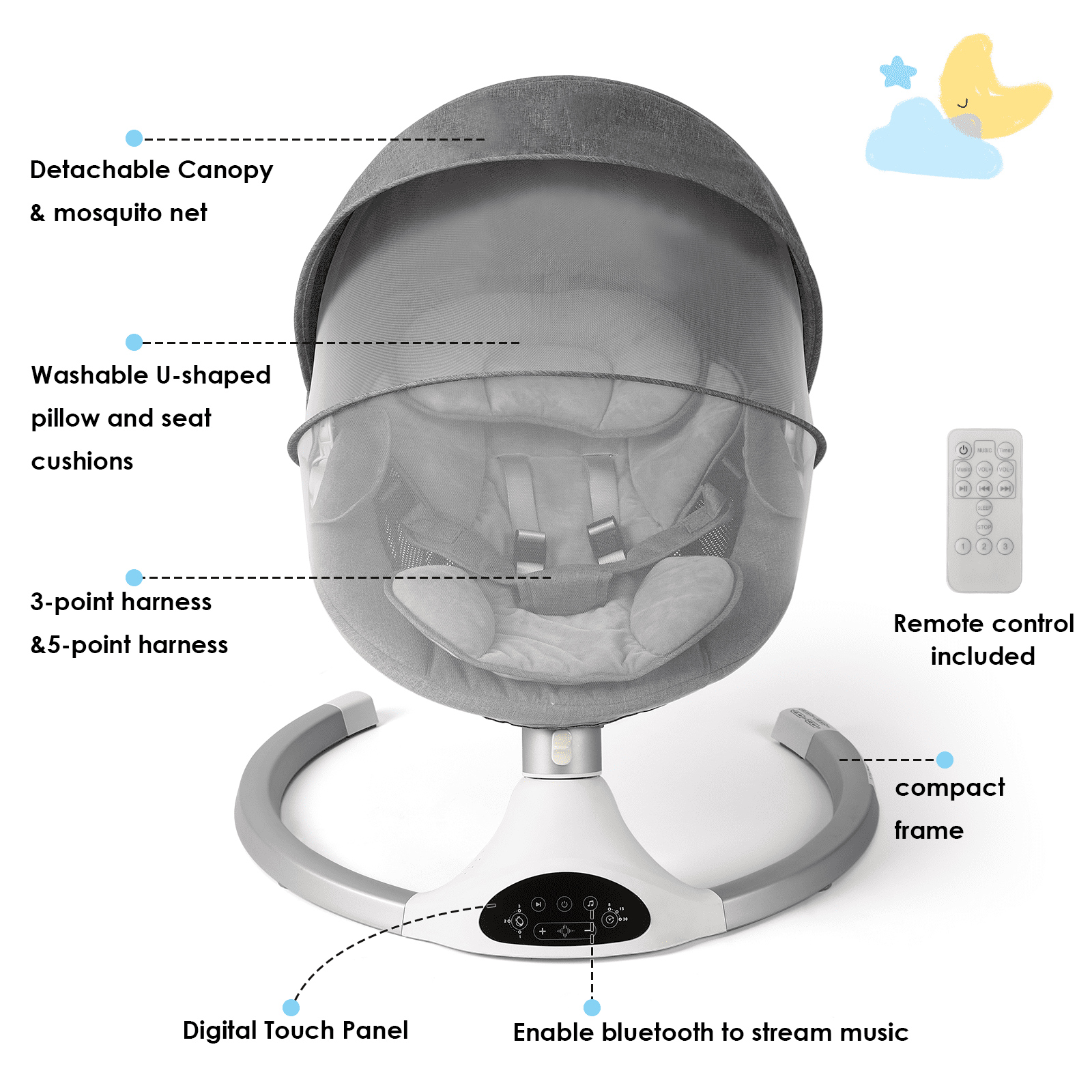 Baby Swing for Infants - Electric Infant Swing with 3 Swing Speeds and 10 Lullabies, Portable Indoor Baby Rocker, Touch Screen and Remote Control, Grey