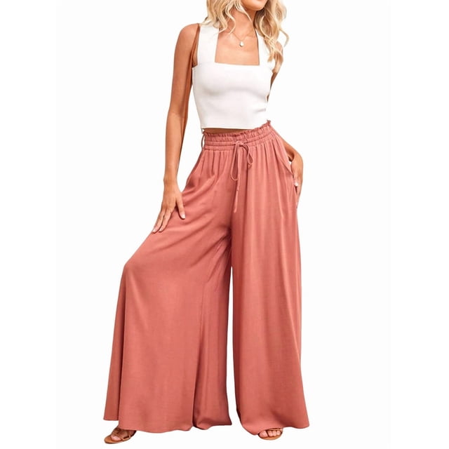 Pantalones Casuales de Cintura Alta para Mujer, de Color Liso, Largos y Anchos, con Bolsillos, para y Otoño. Naranja Rojo M