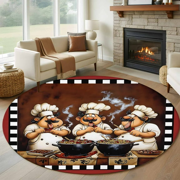 Red Chef Round Rug 5ft Washable Circle Kitchen Rugs Non Slip Kitchen Gourmet Black Plaid Vintage Large Area Rug Indoor Floor Carpet for Bedroom Living Room Home Office Dining Room Nursery