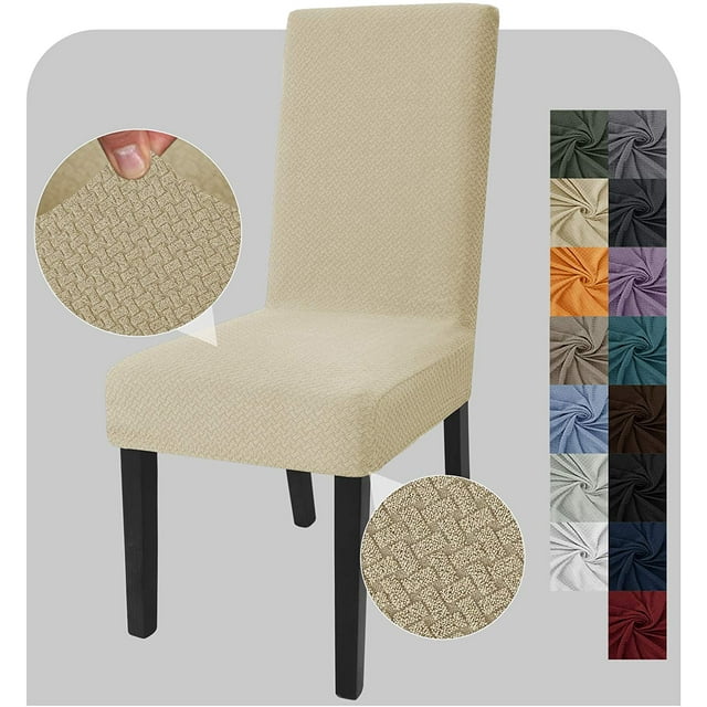 Stretch chair covers for dining chairs set of 4 in light beige, featuring a decorative jacquard pattern. The slipcovers are made of 85% polyester and 15% spandex, offering a soft, stretchy, and durable fit. Designed to protect chairs from stains and wear, they are suitable for dining rooms, hotels, parties, and other events. The covers fit chair seat widths of 14-21 inches, back heights of 19-24 inches, and seat thicknesses of 1-6 inches. Includes a close-up view of the textured fabric and a color selection chart.